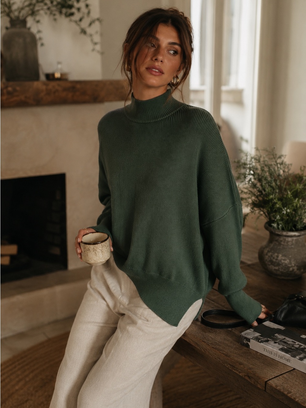 Altar’d State Oversized Mock Neck Sweater Green Slouchy Knit Small